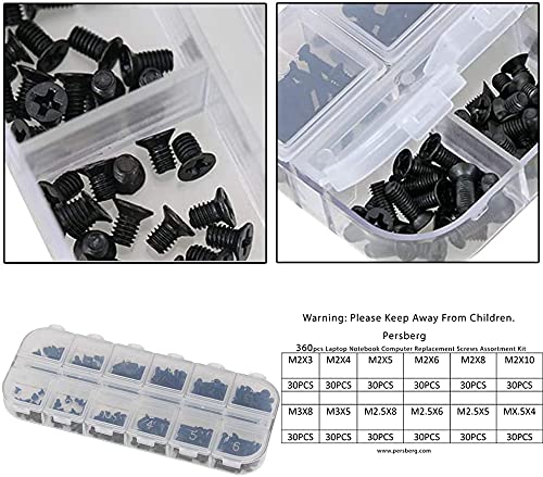 Persberg 360pcs 12sizes Laptop Notebook Tiny Computer Replacement electronic Screws Assortment Kit Black,M2 M2.5 M3,for Lenovo Toshiba Gateway Samsung HP IBM Dell Sony Acer Asus Hard Disk SATA SSD M.2
