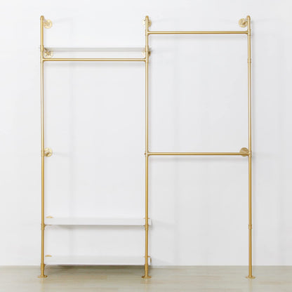 EDCB Heavy Duty Industrial Clothing Rack - 3-Tier Wall Mounted Garment Rack with Wood Shelves, Golden Pipe Closet Storage Organizer for Retail Stores & Bedroom (92.1X76.8inch)