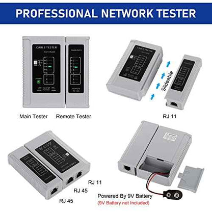 RJ45 Crimp Tool Kit Pass Through Ethernet Cat6 Cat6a Cat5e Crimping Tool with 20PCS Cat6 Pass-Thru Connectors,20 Covers,1 Wire Cutter Plier,1 Mini Wire Stripper and 1 Network Cable Tester