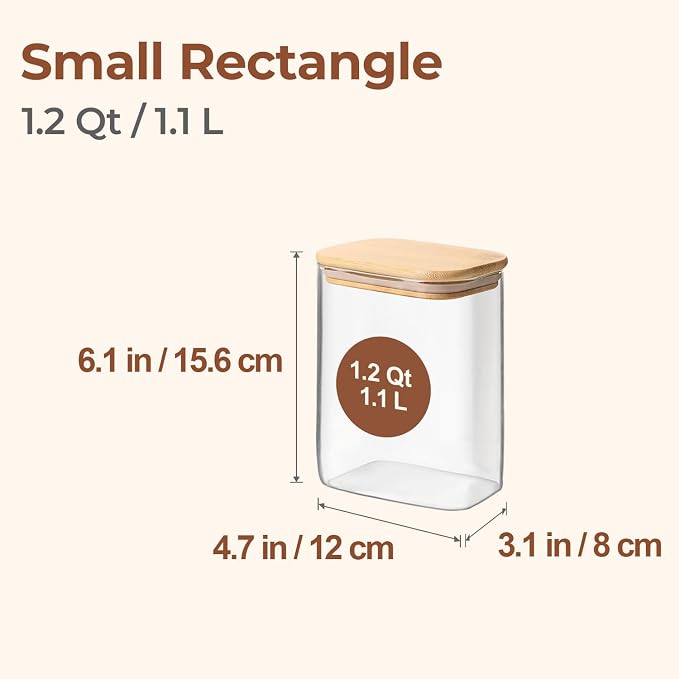 ComSaf 1.2 Qt Rectangle Glass Storage Containers with Lids, Glass Jars with Bamboo Lids, Clear Food Storage Jar, Sugar Coffee Containers, Pantry Container for Pasta Tea Candy Nut