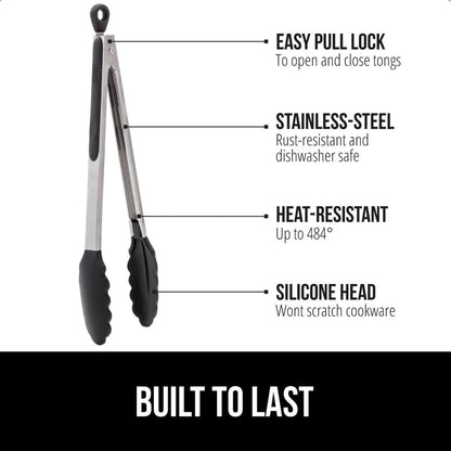 GORILLA GRIP Stainless Steel Heat Resistant Kitchen Tongs for Cooking, Set of 2 BBQ Tong, Non Scratch Silicone Tip for Pans, Strong Grip, Grab Food, Toss Salad, Air Fryer, Pull Lock, 7 + 9 Inch, Black