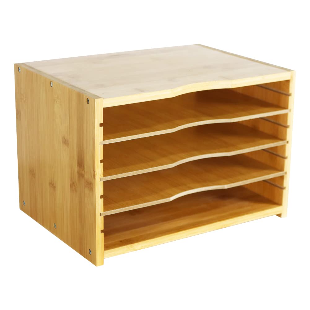 WKWKER File Organizer with 3 Adjustable Shelves Bamboo Document Letter Tray Paper File Sorter for Desktop Office Home Study Workstation Desk Storage Rack (Natural)