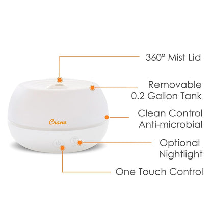 Crane Portable Ultrasonic Travel Humidifier & Aroma Diffuser – 0.2 Gallon Cool Mist, No Filter Required, Optional Essential Oil Tray, Whisper-Quiet for Babies, Travel, & Small Rooms (White)