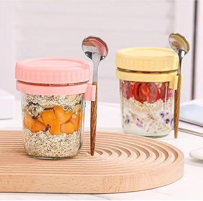Glass Overnight Oat Containers with Lids & Spoons 10 oz Clear Mason Overnight Oats Jars with Measurement Marks Airtight Leak-Proof Cereal, Milk, Vegetable and fruit Salad Storage Container 2 Packs