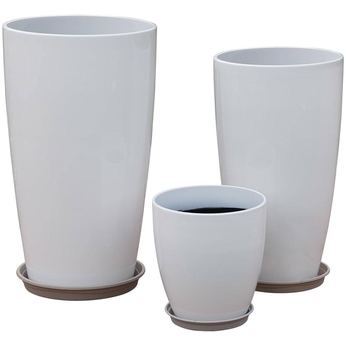 MinCHI257 24,21,11 Inch Large Plastic Planters with Drainage Hole and Saucer - Set of 3 Tall Plant Pots Indoor Flower Pot Tall Round Planters Outdoor Large Tall Planter