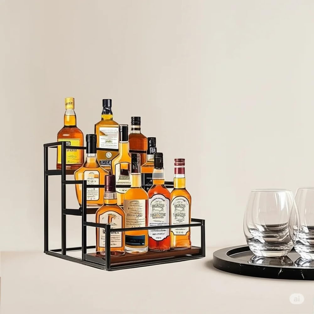 DHUJBFF 3-Tier Wooden Countertop Organizer - Wine Rack & Spice Shelf for Kitchen, Holds 9 Bottles, Space Saver for Coffee Bar, Syrup, Oil, Dining Room Decor