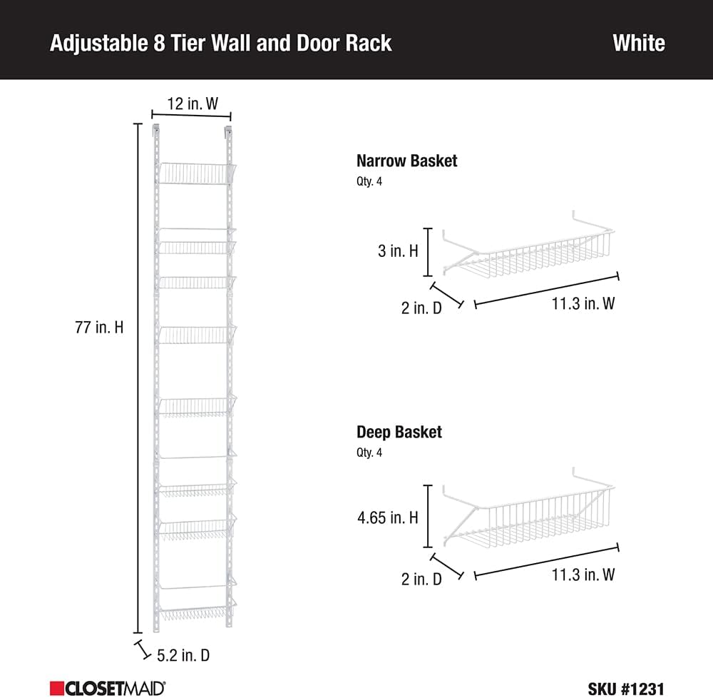 ClosetMaid Adjustable Organizer Rack with Baskets Wall or Over Door Mount, for Kitchen, Pantry, Utility Room, Closet, 12 in. W, White Finish, Inch