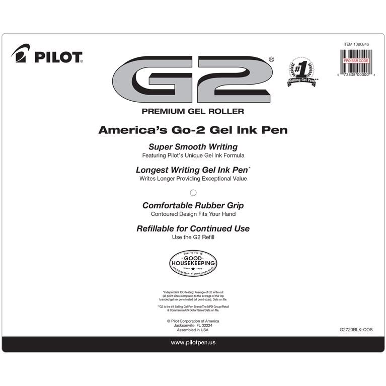 Pilot G2 Premium Gel Roller Pens 0.7, Fine Point Smooth Writing Pens Black, Pack of 20