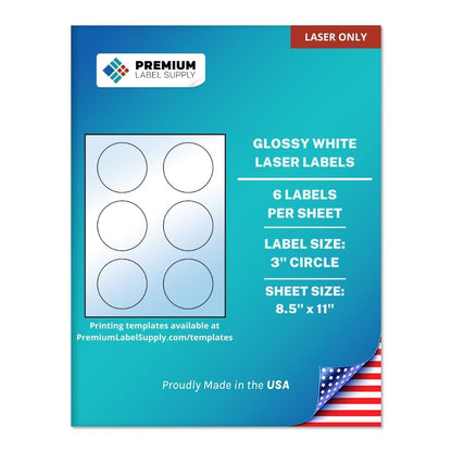 Premium Label Supply Glossy White Sticker Round Labels – 3" Circle – (6 per Sheet) (Glossy White for Laser Only, 60 Labels)