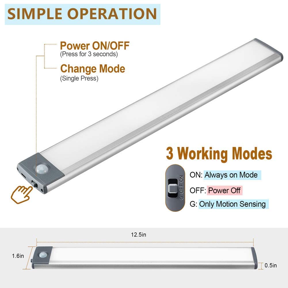 YANEGRT Under Cabinet Lights, 2 Pack Wireless Motion Sensor Closet Light with USB-C Rechargeable 2200mAh Battery, Magnetic Mount for Kitchen, Hallway & Stairs — Ultra-Bright Cool White LED Lighting