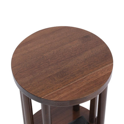 9 x25 Fully Assembled Walnut Wood Round Drink Table with Charging Station, Mid-Century Modern Circle Wood Accent Pedestal Table for Living Room or Small Bedroom Nightstand
