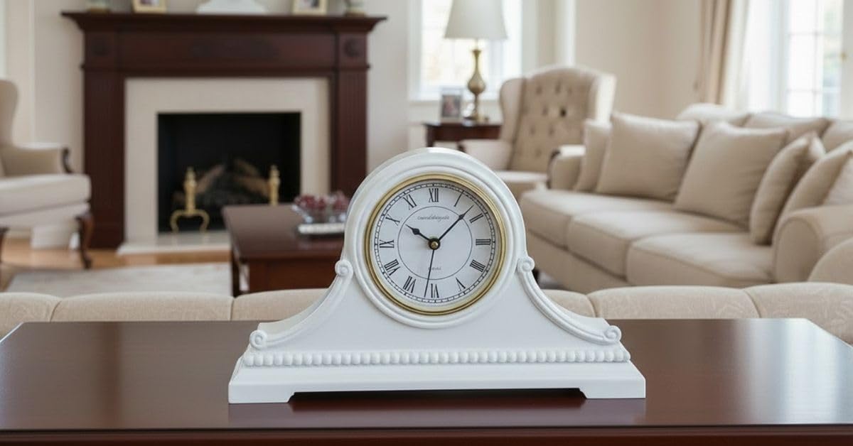 vmarketingsite Mantel Clocks, Battery Operated, Silent Wood Table Clock with Westminster Chimes On The Hour, Solid Wooden Shelf Chiming Mantle Clock, 9" x 16" x 3" (White - Roman Numerals)