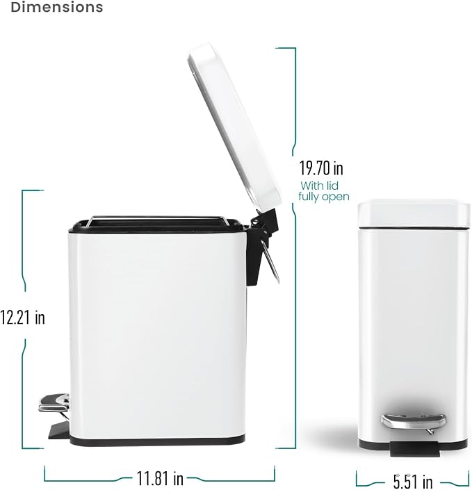 Home Zone Living 1.3 Gallon Small Bathroom Trash Can with Lid and Step Pedal, Stainless Steel Wastebasket with Slim Design for Home and Office, Matte White, 5 Liters