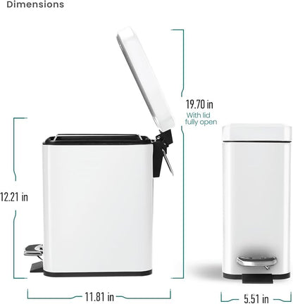 Home Zone Living 1.3 Gallon Small Bathroom Trash Can with Lid and Step Pedal, Stainless Steel Wastebasket with Slim Design for Home and Office, Matte White, 5 Liters