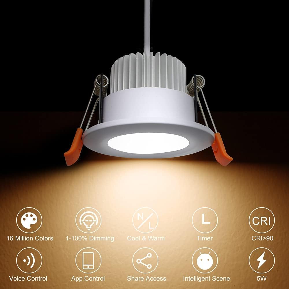 YGS-Tech Smart 3 Inch LED Recessed Lighting RGB WiFi Downlight, 5W Compatible with Alexa and Google Home, Dimmable RGB & CCT 2700-6500K Color Changing, 120V Ceiling Light with LED Driver (4 Pack)
