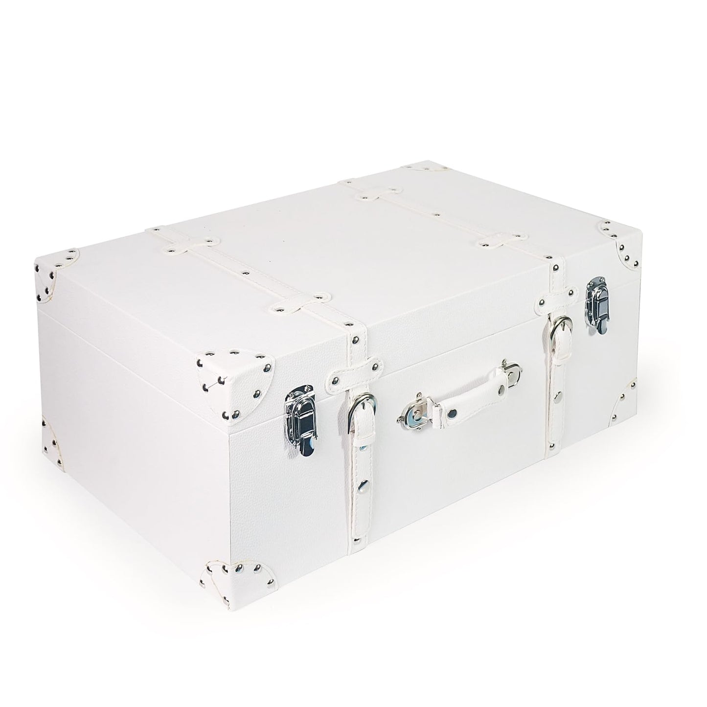 DreamsEden Large Wooden Storage Suitcase, White Elegant Decorative Trunk with Strap Decor, Portable Wood Storage Box Chest Keepsake Case