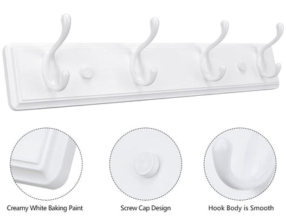 Badiano Wooden Coat Rack, Wall-Mounted Organizer for Closet, Entryway, Hallway, Foyer, Bedroom, Heavy Duty Double Hooks for Hanging Towels, Bags, Hats, Jackets, Key (White, 4 Hooks)