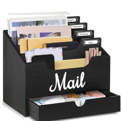 Niciksty Wood Desktop Mail Organizer, Mail Organizer Countertop with 4 Compartments and Drawer, Wood Mail Holder Sorter Organizer Holder for File Letter Paper Folder, Black Wooden Desk Organizer