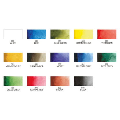 Kuretake WATERCOLOUR TRANSPARENT 14 colors set with fineliner pen and water brush pen, Portable, In a compact box, Vibrant watercolors, For professional and hobbyist, AP-Certified, Made in Japan