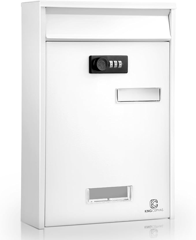 KINGCEPHAS Wall-Mounted Mailbox with Combination Lock,Small Capacity Mail Box for House, Waterproof Postbox,Mailboxes for Outside, 8.5” x 3” x 12.4” (White)