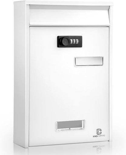 KINGCEPHAS Wall-Mounted Mailbox with Combination Lock,Small Capacity Mail Box for House, Waterproof Postbox,Mailboxes for Outside, 8.5” x 3” x 12.4” (White)