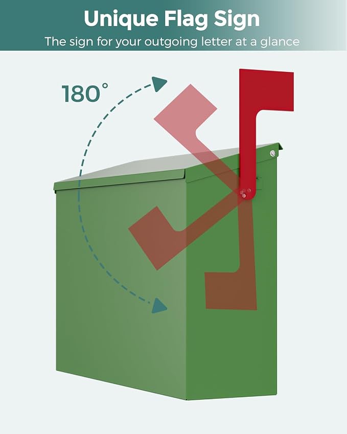 LAND·VOI Wall-Mount Mailbox with One Flag Kit and Three Sets of 0-9 Mailbox Number Stickers, Mailboxes for Outside, Galvanized Steel Rust-Proof Metal Post Box, 4.33" Dx14.2 Wx10.43 H, Green
