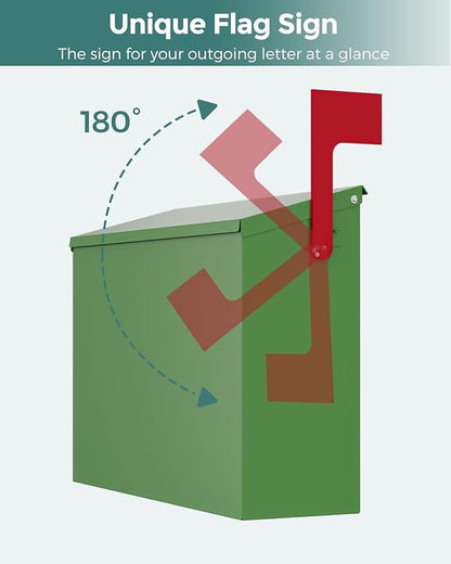 LAND·VOI Wall-Mount Mailbox with One Flag Kit and Three Sets of 0-9 Mailbox Number Stickers, Mailboxes for Outside, Galvanized Steel Rust-Proof Metal Post Box, 4.33" Dx14.2 Wx10.43 H, Green