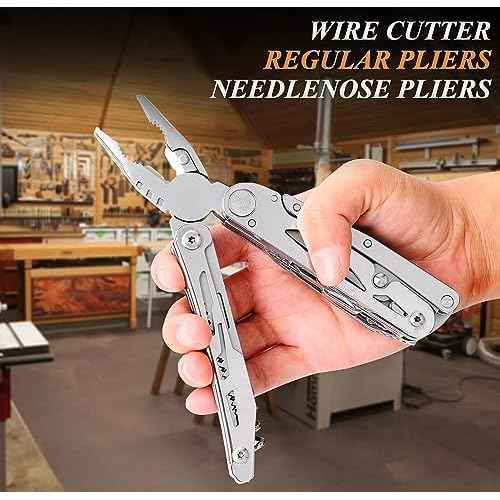 RoverTac Multi Tool Pocket Knife Tactical Camping Survival Knife Gifts for Men Dad Husband 18 in 1 Multitool Pliers Scissors Saw Corkscrew Bottle Opener 9-pack Screwdrivers Safety Lock Nylon Sheath