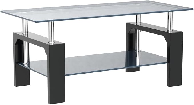 Btrpily Living Room Rectangle Coffee Table, Tea Table Suitable for Waiting Room, Modern Side Coffee Table with Wooden Leg, Glass Tabletop with Lower Shelf, 39.5D x 23.5W x 17.5H in, Black