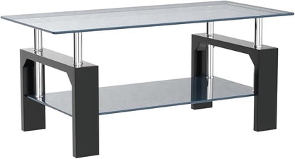 Btrpily Living Room Rectangle Coffee Table, Tea Table Suitable for Waiting Room, Modern Side Coffee Table with Wooden Leg, Glass Tabletop with Lower Shelf, 39.5D x 23.5W x 17.5H in, Black