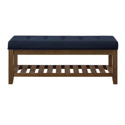 24KF Large Rectangular Upholstered Tufted Linen Fabric Ottoman Bench, Padded Bench with Solid Wood Shelf-Navy Blue