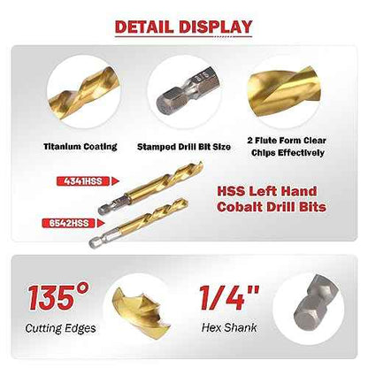 15PCS Stripped Screw Extractor Set, 6542/4341 HSS Steel Left Hand Drill Bit Set Easy Out Screw Extractor Set | 1/4'' Adaptor | Broken Screw Extractor Kit Removing Stripped Screws Bolts