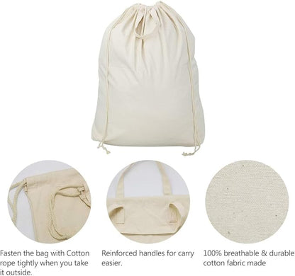 3pcs Breathable Cotton Canvas Laundry Drawstring Bags