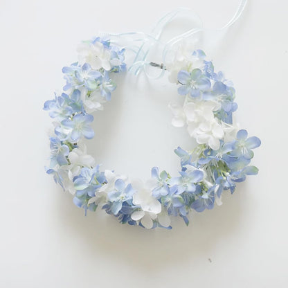 MAFELOE Floral Headband Garland, Adjustable Artificial Flower Headpieces with Ribbon for Women, Handmade Bridal Wedding Party Hairband-Blue+White