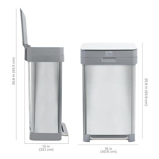Clorox 13 Gallon Trash Can - 50L Kitchen Trash Can with Wide Step Pedal - Rectangular Stainless Steel Garbage Bin with Hinged Rim and Odor Protection