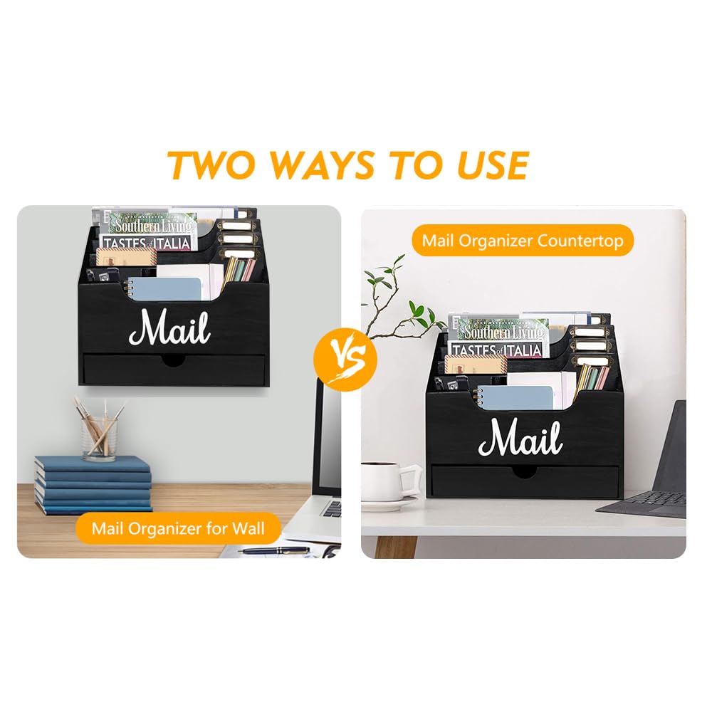 Niciksty Wood Desktop Mail Organizer, Mail Organizer Countertop with 4 Compartments and Drawer, Wood Mail Holder Sorter Organizer Holder for File Letter Paper Folder, Black Wooden Desk Organizer
