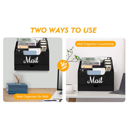 Niciksty Wood Desktop Mail Organizer, Mail Organizer Countertop with 4 Compartments and Drawer, Wood Mail Holder Sorter Organizer Holder for File Letter Paper Folder, Black Wooden Desk Organizer