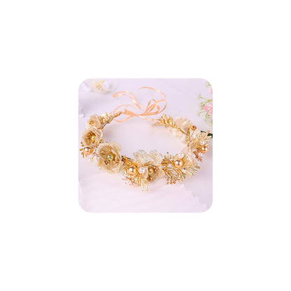 yuruyi Adjustable Flower Crown Headband for Women - Floral Garland Hair Wreath with Crystal Accents Perfect for Weddings Flower Wands Photo Props (Gold Flower Pearl, Adjustable)