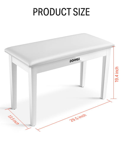 Donner Duet Piano Bench with Storage, Solid Wooden Keyboard Bench Piano Bookcase Stool Chair Seat with High-Density Sponges Padded Cushion, White
