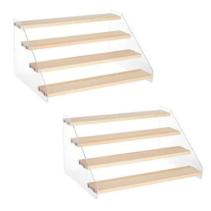 BeiHCain 2 Pack 4 Tier 12 Inch Acrylic Wooden Display Stand, Clear Acrylic Display Riser Shelf Wood Tiered Display Shelf Rack Step Ladder Riser Stands for Cupcakes Perfumes Figures Collectibles
