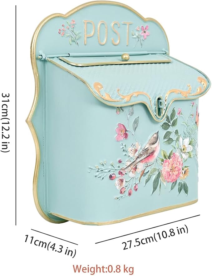 BIG FORTUNE Wall Mount Mailbox for House Outside Vintage Metal Door Mailbox Antique Style Nostalgic Charm Home Decor Garden Vintage English Cottage Decor Flower Patter (LightGreen)