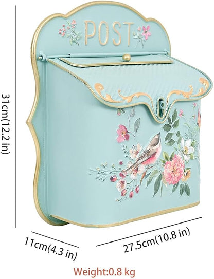 BIG FORTUNE Wall Mount Mailbox for House Outside Vintage Metal Door Mailbox Antique Style Nostalgic Charm Home Decor Garden Vintage English Cottage Decor Flower Patter (LightGreen)
