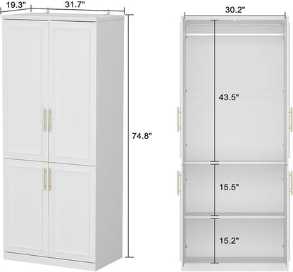 FUFU&GAGA Wardrobe Closet with 4 Doors, Modern White Bedroom Armoire with Gold Handles, Modern Clothes Storage Cabinet with Shelves & Hanging Rod for Cloakroom, 31.7”W x 19.3”D x 74.8”H