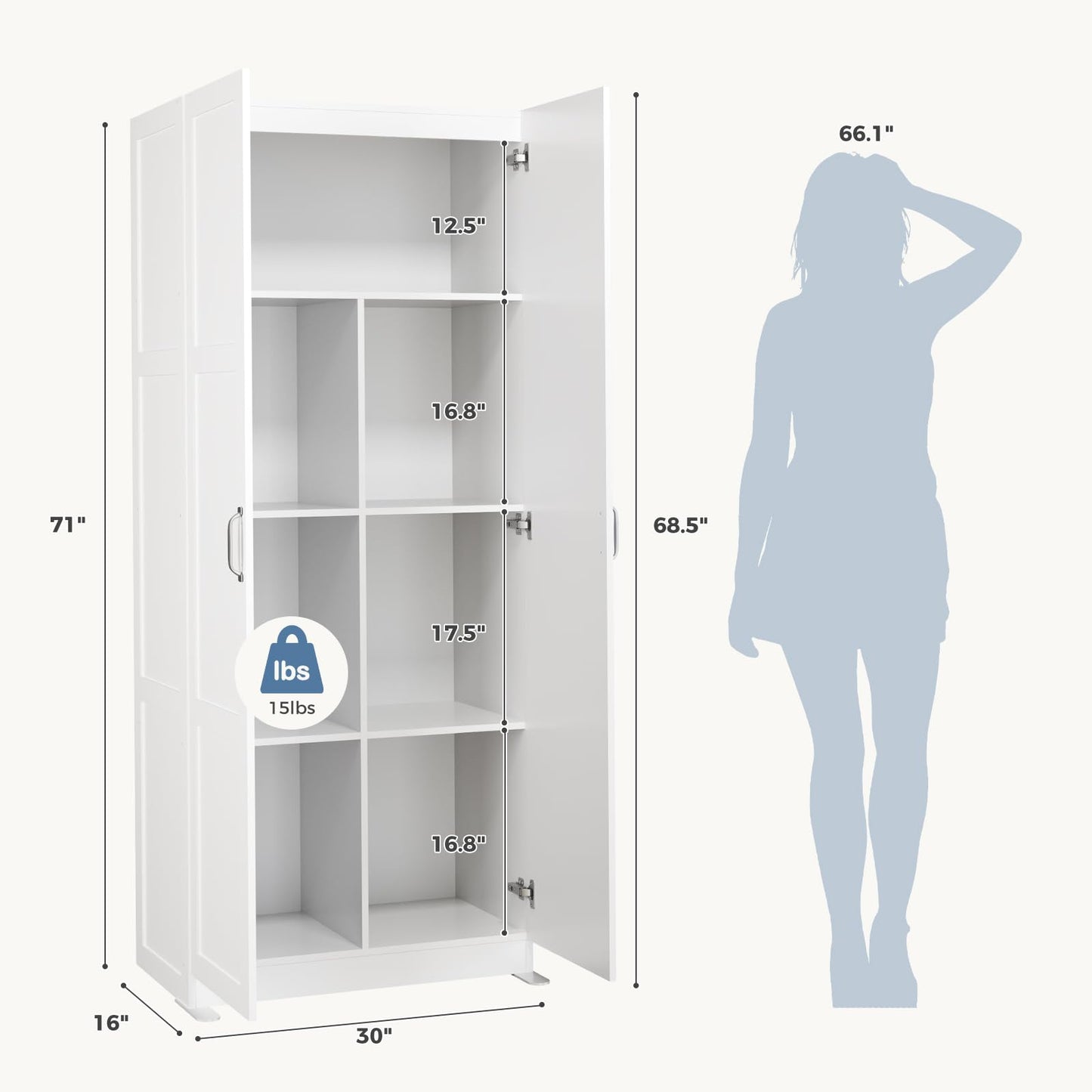 DUMOS Tall Storage Cabinet with Doors & Shelves, Large Capacity Organizer, Wooden Bedroom Storage Unit Suitable for Dining Room, Office and Study Rooms, White