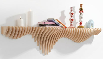 Lukelli Wooden Sound Wave Floating Shelf-4.8ft Modern Wall Shelf, 58x14x8.5in, Home Decor Design Furniture, for Living Room, Bedroom, Office, Studio