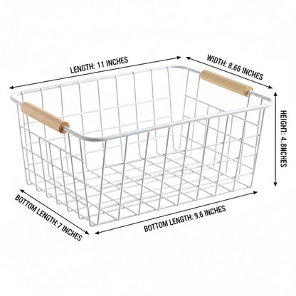 HDYOUDO White Metal Wire Food Storage Basket with Wooden Handles for Organizing Snack Basket,Pantry Organizers and Storage for Kitchen Cabinets 4 Pack (Medium)