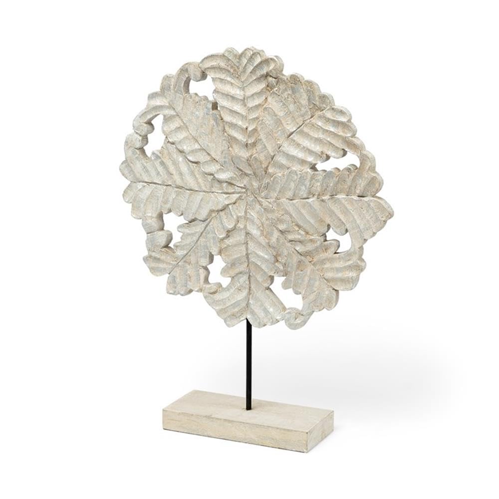 Pemberly Row Coastal Decorative Object, Light Brown Wood with Silver Accents, Matte Black Pedestal Base, Botanical-Inspired Design, 16"Lx4"Wx22.2"H, Elegant Accent for Home Decor Mantel or Side Table