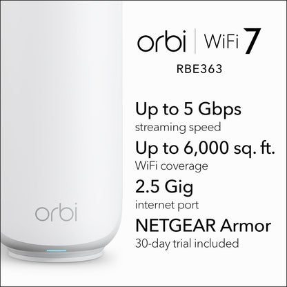 NETGEAR Orbi 360 Series Dual-Band WiFi 7 Mesh Network System for Home (RBE363) – Wireless Router + 2 Extenders, Security Features, 5 Gbps, Covers 6,000 sq.ft., 70 Devices, 2.5GB Internet Port, BE5000