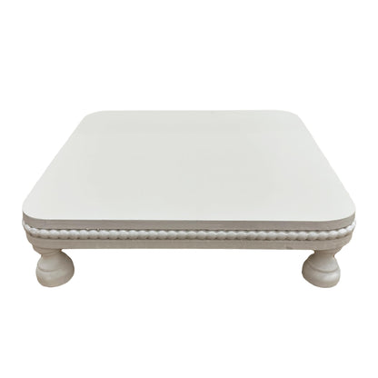 dwellington Farmhouse Display Wood Riser, 12" Decorative Beaded Pedestal Stand, Square Tiered Tray Decor for Kitcher Decor, Countertop (White)