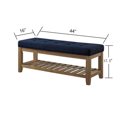 24KF Large Rectangular Upholstered Tufted Linen Fabric Ottoman Bench, Padded Bench with Solid Wood Shelf-Navy Blue